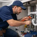 Rörmokare som utför VVS-arbete i bostad – noggrant arbete under köksvask med rörtång och tydligt fokus på installationen.